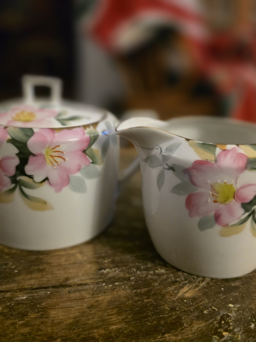 Noritake Hand-Painted Pink Floral Ceramic Creamer and Sugar Set